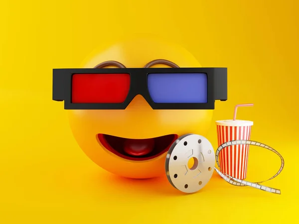 3d Emoji with eyeglasses and drink. Cinema