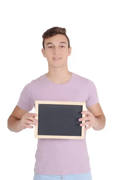 Man holding an empty chalkboard — Stock Photo, Image