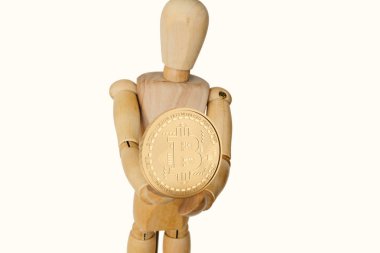 Bitcoin para ile ahşap insan manken. 