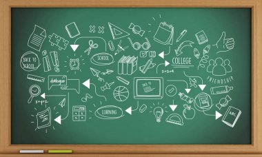 okul kroki ile 3D yeşil yazı tahtası