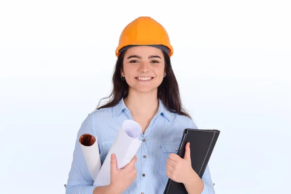 Arquiteta feminina segurando pastas e plantas . — Fotografia de Stock