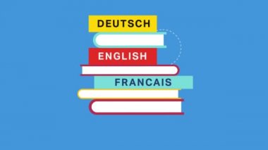 Books, choice of language courses. Learn and translate education concept. 4K Video animation.