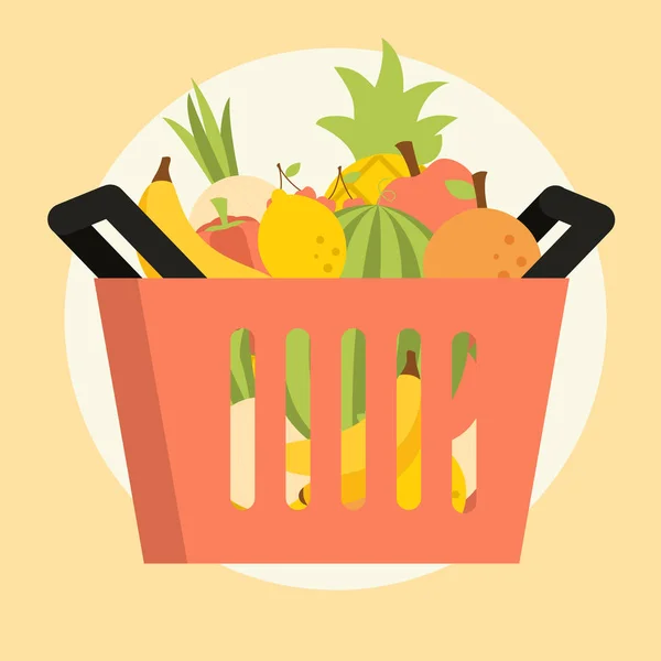 Vector illustration. Shopping basket full with food. — Stock Vector