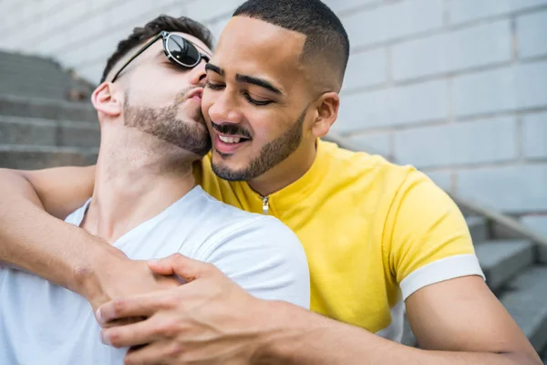 Portrait Happy Gay Couple Spending Time Together While Sitting Stairs — Stock Photo, Image