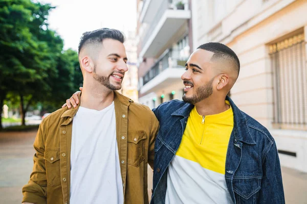 Portrait Happy Gay Couple Spending Time Together While Walking Street — Stock Photo, Image