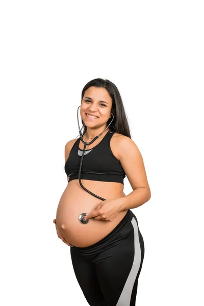 Close Van Zwangere Vrouw Met Stethoscoop Buik Luisteren Naar Baby — Stockfoto