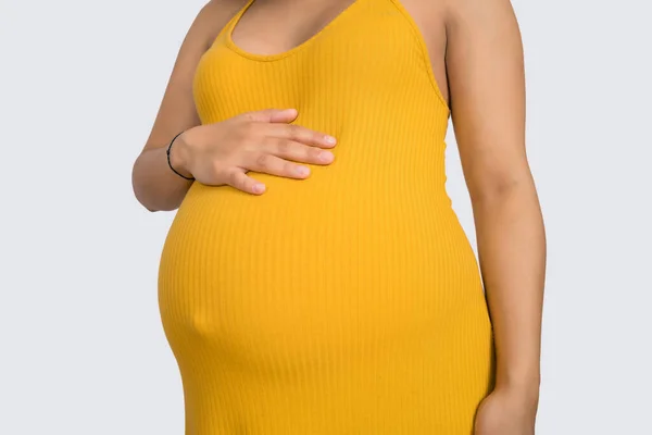 Close Pregnant Woman Touching Her Big Belly Pregnancy Motherhood Expectation — Stock Photo, Image