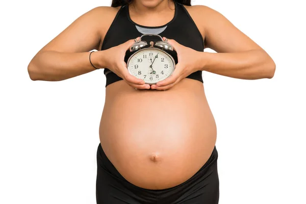 시계를 아기를 기다리고 임산부의 사진입니다 새로운 엄마와 엄마의 — 스톡 사진