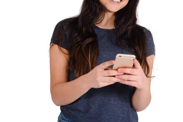 Primer Plano Mujer Usando Teléfono Móvil Estudio Fondo Blanco Aislado —  Fotos de Stock