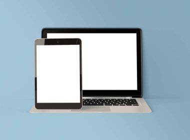3D Illustration. İzole edilmiş beyaz ekranlı dizüstü bilgisayar ve dijital tablet. Teknoloji konsepti.