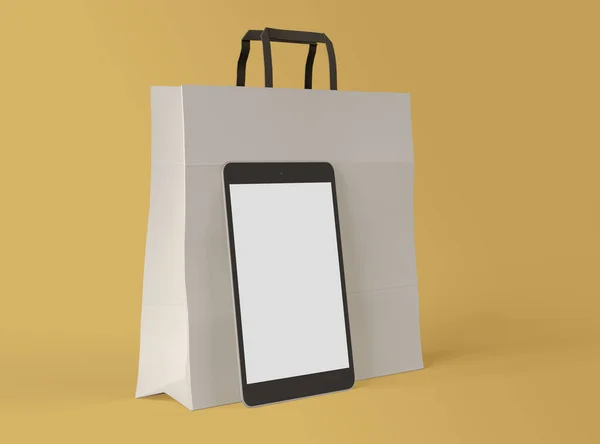 Ilustración Smartphone Con Pantalla Blanca Blanco Bolsa Compras Papel Sobre — Foto de Stock