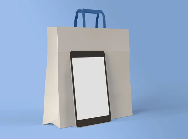 3Dイラスト 隔離された背景に空白の白い画面と紙のショッピングバッグとスマートフォン オンラインショップのコンセプト — ストック写真