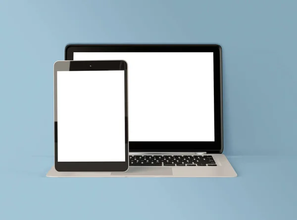 3D说明 笔记本电脑和数字平板电脑 白色屏幕独立背景 技术概念 — 图库照片