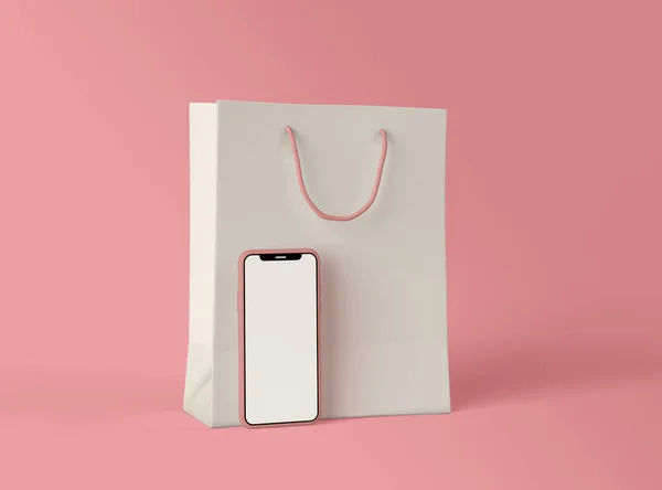 Ilustração Smartphone Com Tela Branca Branco Saco Compras Papel Fundo — Fotografia de Stock