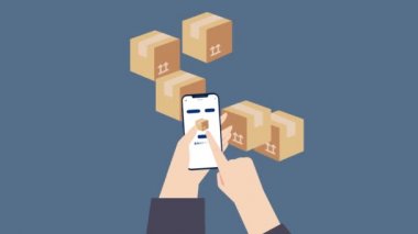 Telefonla sipariş verin. Uluslararası teslimat ve nakliye konsepti. 4k Video Canlandırması.