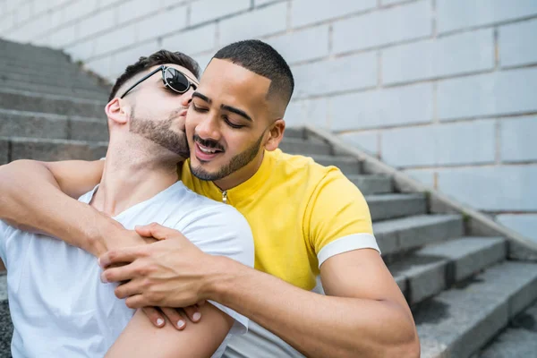 Portrait Happy Gay Couple Spending Time Together While Sitting Stairs — Stock Photo, Image