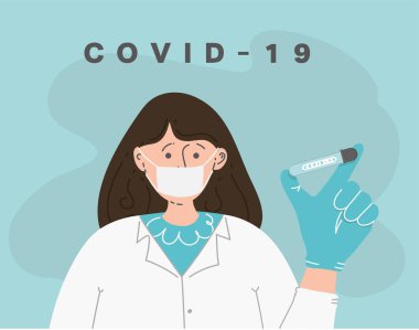 Vektör İllüstrasyonu. Koruyucu giysili ve maskeli kadın doktor covid-19 virüs aşı şırıngası tutuyor. Coronavirus enfeksiyonu konsepti için bağışıklık, tedavi ve tedavi.