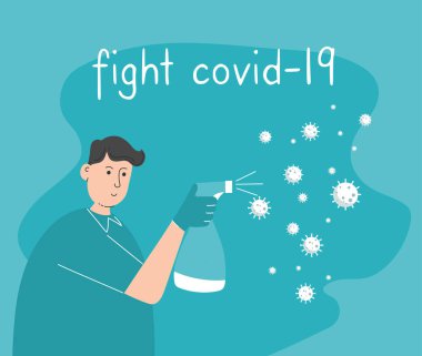 Vektör İllüstrasyonu. Adam temizleme ve Covid-19 virüsüyle savaşma. Koronavirüs salgınını durdurun. Hastalığı önlemek için..
