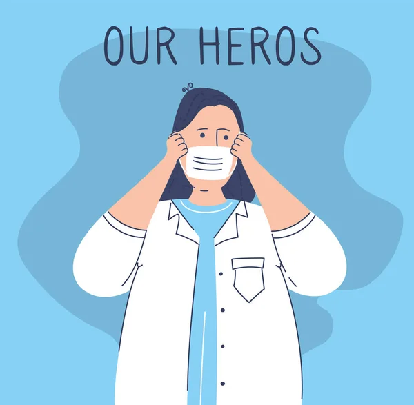 ベクトルイラスト 保護マスクを身に着けている専門医 私たちの英雄を守り 家にいなさい Covid 19コロナウイルスの感染拡大を防ぐための検疫キャンペーン 流行病医療の概念 — ストックベクタ