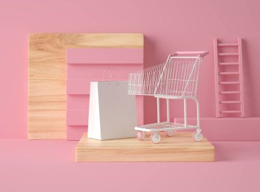 3D Illustration. Pastel arka planda alışveriş arabası ve beyaz kese kağıdı. Dükkan konsepti.