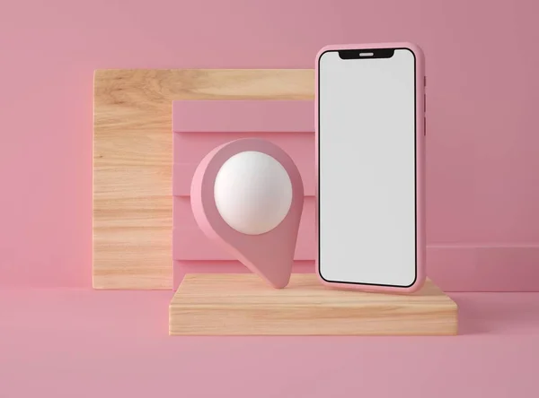 Illustratie Smartphone Met Blanco Wit Scherm Een Kaartwijzer Pastelkleurige Achtergrond — Stockfoto