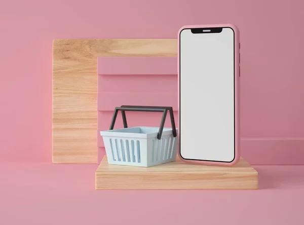 Illustratie Smartphone Boodschappenmandje Pastelkleurige Achtergrond Winkel Online Commerce — Stockfoto