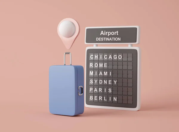 Illustration Attrappe Eines Reisekoffers Flughafentafel Und Kartenzeiger Vor Rosa Hintergrund — Stockfoto