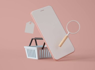 3D Illustration. Akıllı telefon ve pastel arka planda büyüteç bulunan alışveriş sepeti. İnternetten alışveriş, e-ticaret..