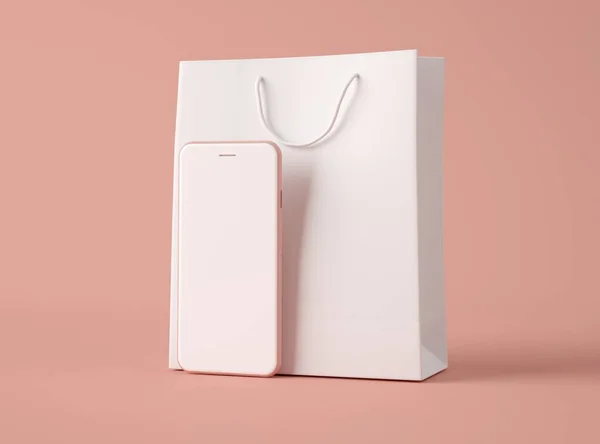 Ilustración Smartphone Con Pantalla Blanca Blanco Bolsa Compras Papel Sobre —  Fotos de Stock