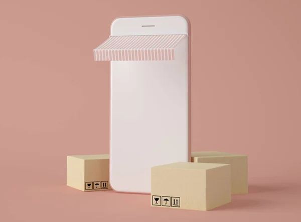 Ilustracja Smartfon Czystym Ekranem Kartonowe Pudełka Pastelowym Tle Koloru Sklep — Zdjęcie stockowe