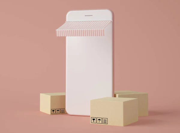 Illustration Smartphone Avec Écran Vierge Boîtes Carton Sur Fond Couleur — Photo