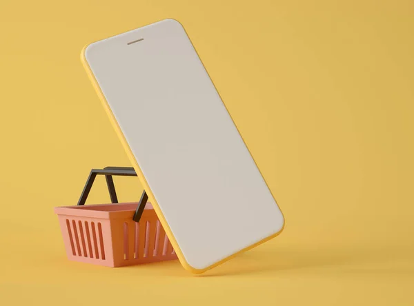 Illustratie Smartphone Met Blanco Wit Scherm Boodschappenmandje Gele Achtergrond Winkel — Stockfoto
