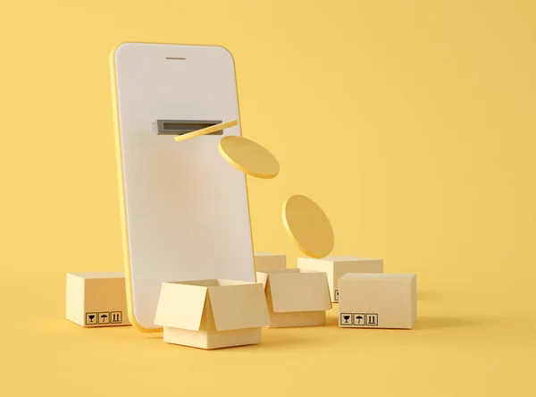 Illustratie Gouden Munt Smartphone Scherm Met Kartonnen Dozen Levering Verzending — Stockfoto