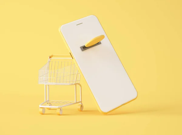 Illustratie Smartphone Met Een Munt Een Winkelwagentje Gele Achtergrond Winkel — Stockfoto