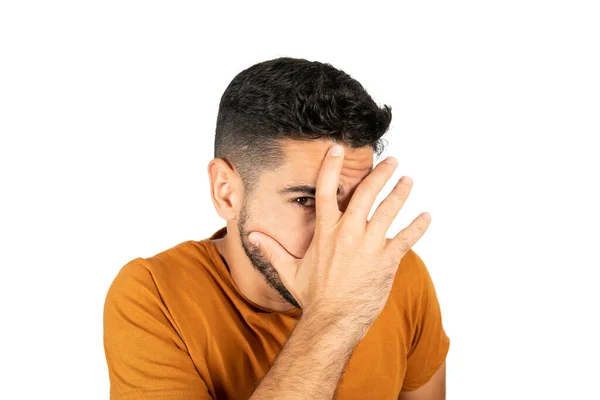 Portrait Young Man Looking Afraid Cover His Face White Background — Stok Foto