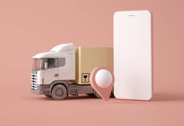 3D Illustration. Karton kutuyla dolu bir kargo kamyonu ve harita işaretleyicili akıllı telefon. Teslimat ve nakliye hizmeti konsepti. İnternetten alışveriş.