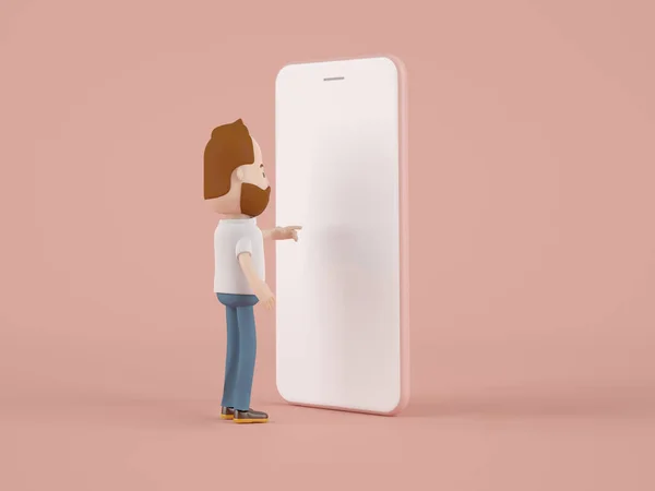 Illustratie Karakter Man Voor Smartphone Met Een Koffer Tegen Pastelkleurige — Stockfoto