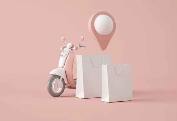 Ilustración Puntero Mapa Scooter Con Paquete Contra Fondo Color Pastel — Foto de Stock