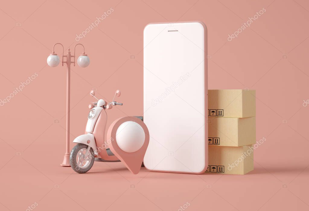 3D Illustration. Scooter with package and a smartphone with white blank screen against pastel color background. Delivery and shipping service concept. Shop online.