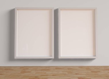 3D Illustration. Duvarda asılı boş beyaz fotoğraf çerçevelerinin bir kopyası. Fotoğraf ve yazıtlar için dikey çerçeve. 