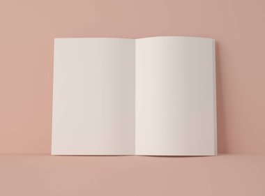 3D Illustration. Boş sayfaları olan açık kitabın bir kopyası. Pembe arkaplanda izole edilmiş kitap veya katalog.