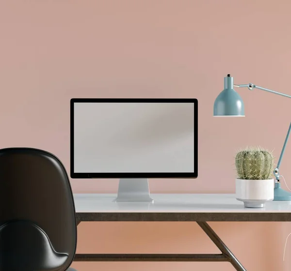 Illustration Büroarbeitsplatz Mit Leerem Weißen Computerbildschirm Technologie Und Geschäftskonzept — Stockfoto