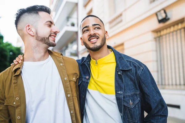 Portrait Happy Gay Couple Spending Time Together While Walking Street — Stock Photo, Image