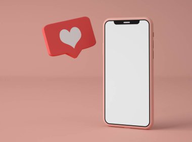 3D Illustration. Beyaz boş ekran ve sosyal medya bildirim simgesine sahip akıllı telefon renk pastel arka planda izole edildi. İkonun kalbi gibi. Sosyal medya kavramı.