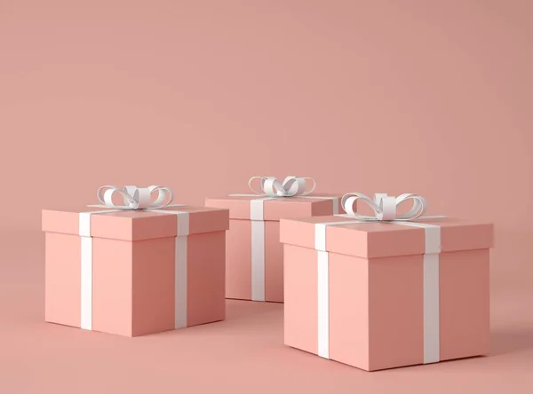 Инсталляция Подарочные Коробки Лентой Изолированы Розовом Фоне Настоящая Коробка Подарок — стоковое фото
