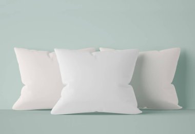 3D Illustration. Açık yeşil arka planda izole edilmiş boş, yumuşak kare yastıkların bir kopyası. Rahat yatak yastıkları.