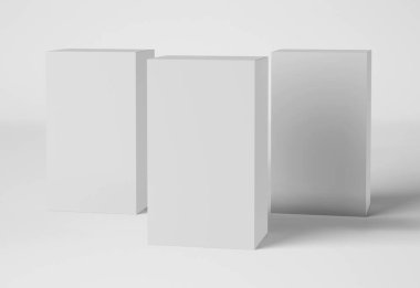 3D Illustration. İzole edilmiş beyaz arka planda uzun, dikdörtgen karton paket kutularının maketi. Dikey kozmetik, ilaç kutusu.