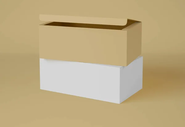 Ilustración Mockup Cajas Cartón Aisladas Sobre Fondo Amarillo Caja Regalo —  Fotos de Stock