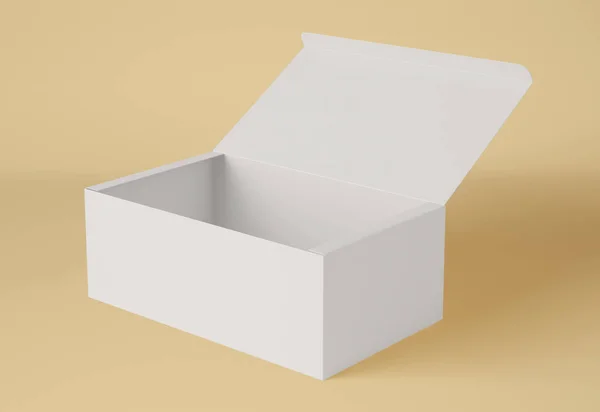 Illustration Mockup Kartong Förpackningen Öppnas Isolerad Mot Gul Bakgrund Gåva — Stockfoto