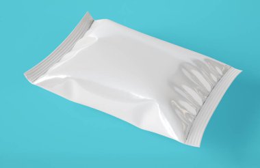 3D Illustration. İzole edilmiş arka planda atıştırmak için beyaz boş folyo poşet paketleme. Tasarımınız için model şablonu.